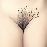 Gros plan sur un sexe de femme dessiné, la toison pubienne forme un arbre d'où s'envolent une nuée d'oiseaux