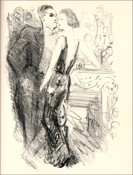dessin noir et blanc : un homme en smoking fait face à une femme en robe de soirée, les deux très dignes, ne serait-ce la main de la femme plongée dans la braguette de l'homme