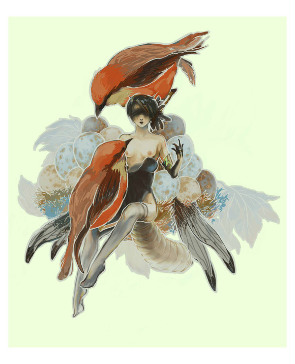 Femme et oiseaux dans un nid