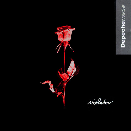 Pochette de l'album de Depeche Mode "Violator" avec une rose, rouge et noir sur fond noir